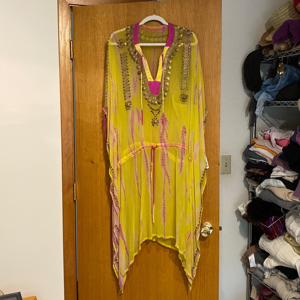 Tie dyed georgette embellished caftan. One of a kind Kaftan.  Metal beadwork.